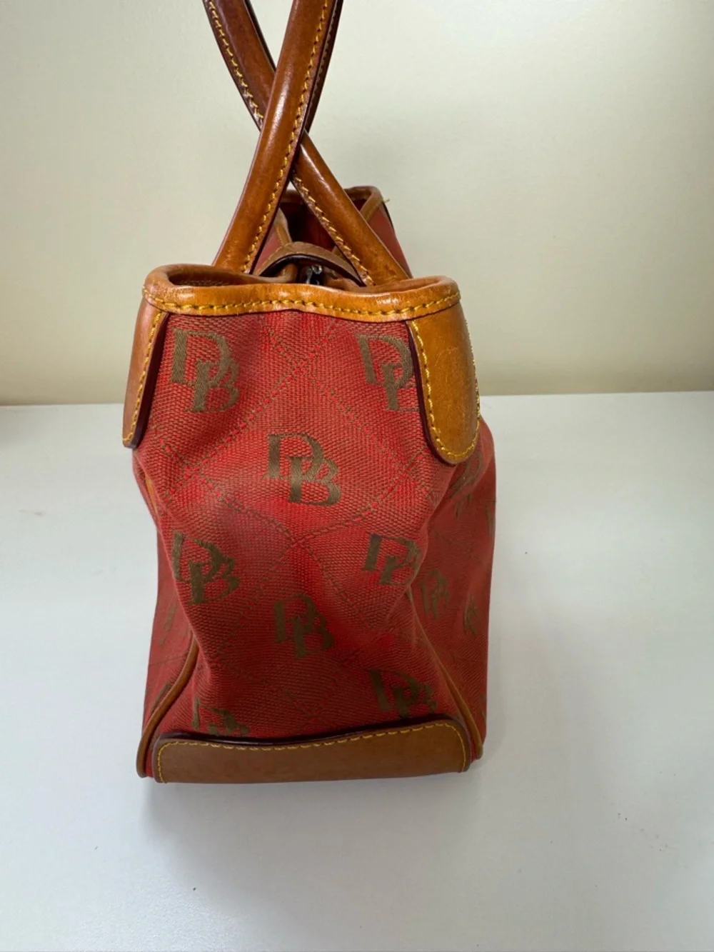 Dooney & Bourke Red Satchel with Brown Leather Trim